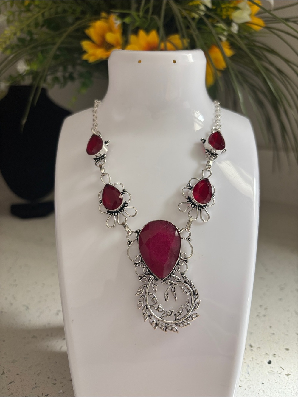 Simulated Ruby Gemstone Handmade Link Necklace